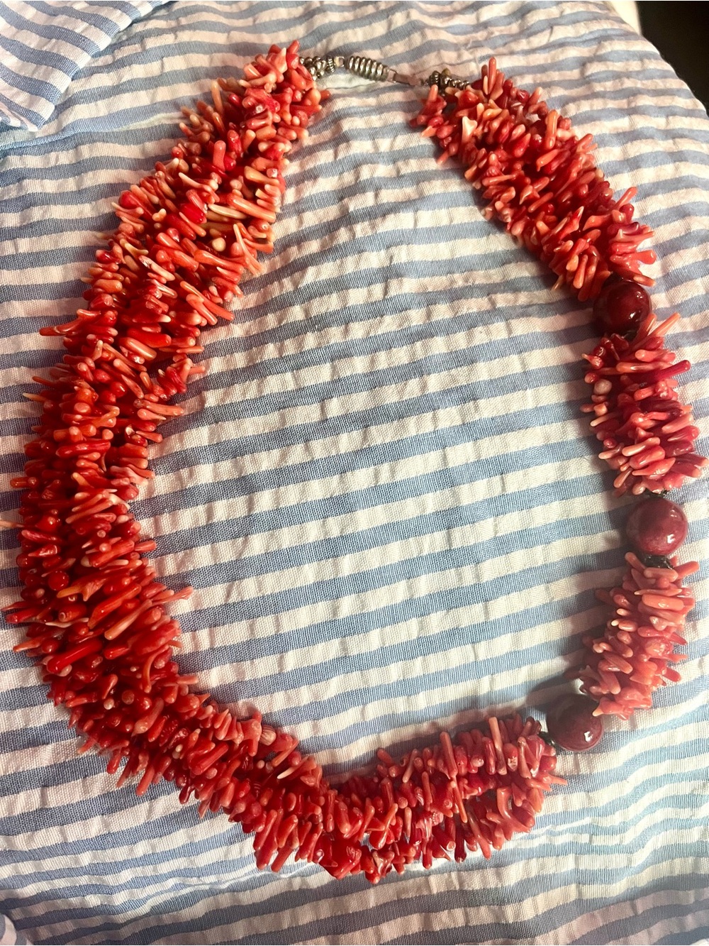 Multi-strand Red Coral Cluster Necklace with Dark Red & silver Accent Beads